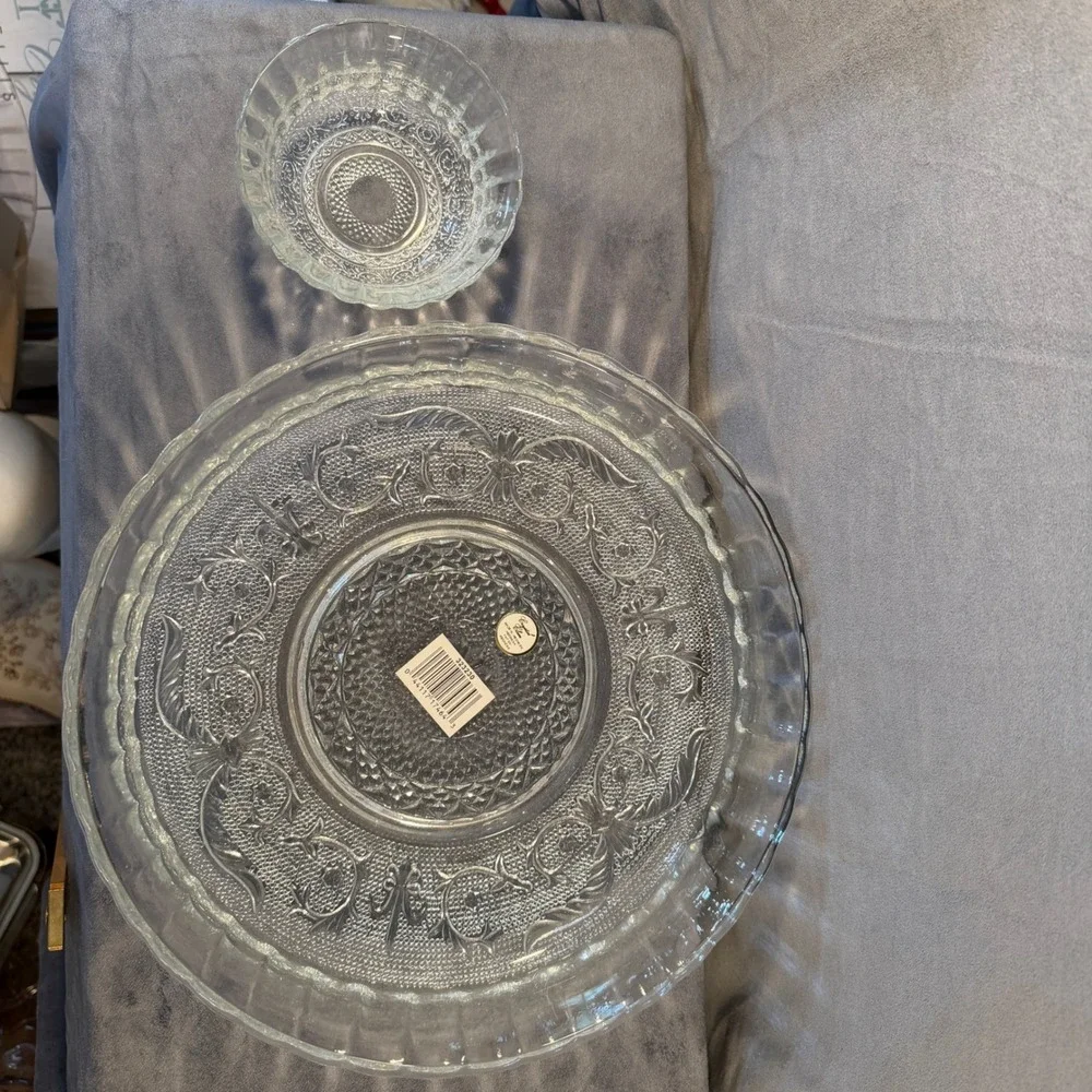Crystal Clear Trellis 2 Piece Chip and Dip Set Glass Serving Platter Bowl 323230